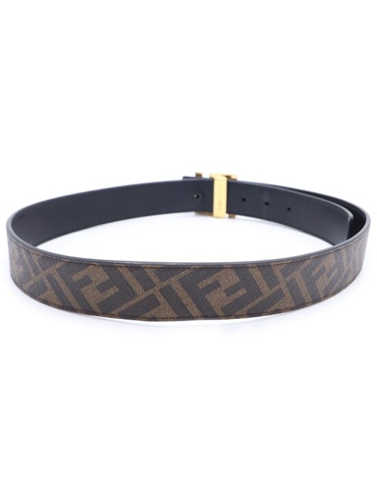 Fendi FF Logo Square Buckle Zucca Pattern Reversible Leather Belt Gold Brown main image 4